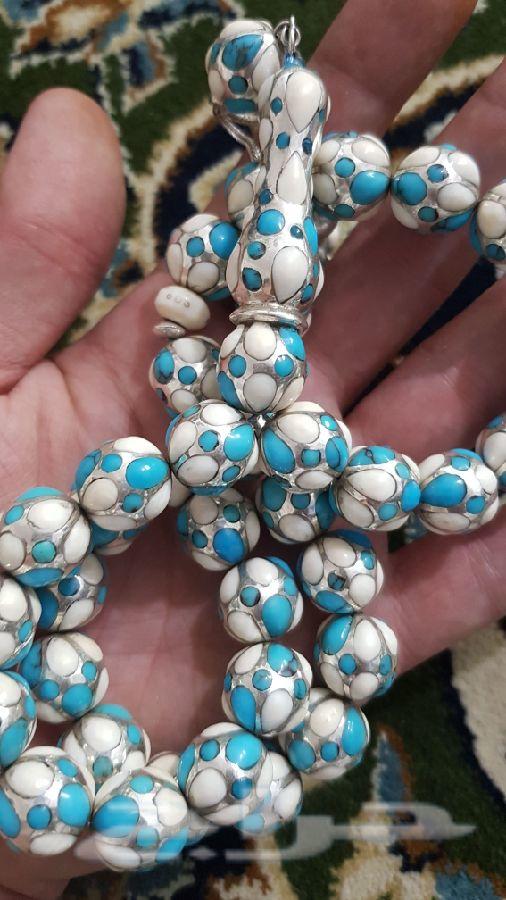 سبحة فاخرة بلفيروز و بلعاج والفضة مبهرة وتحفة